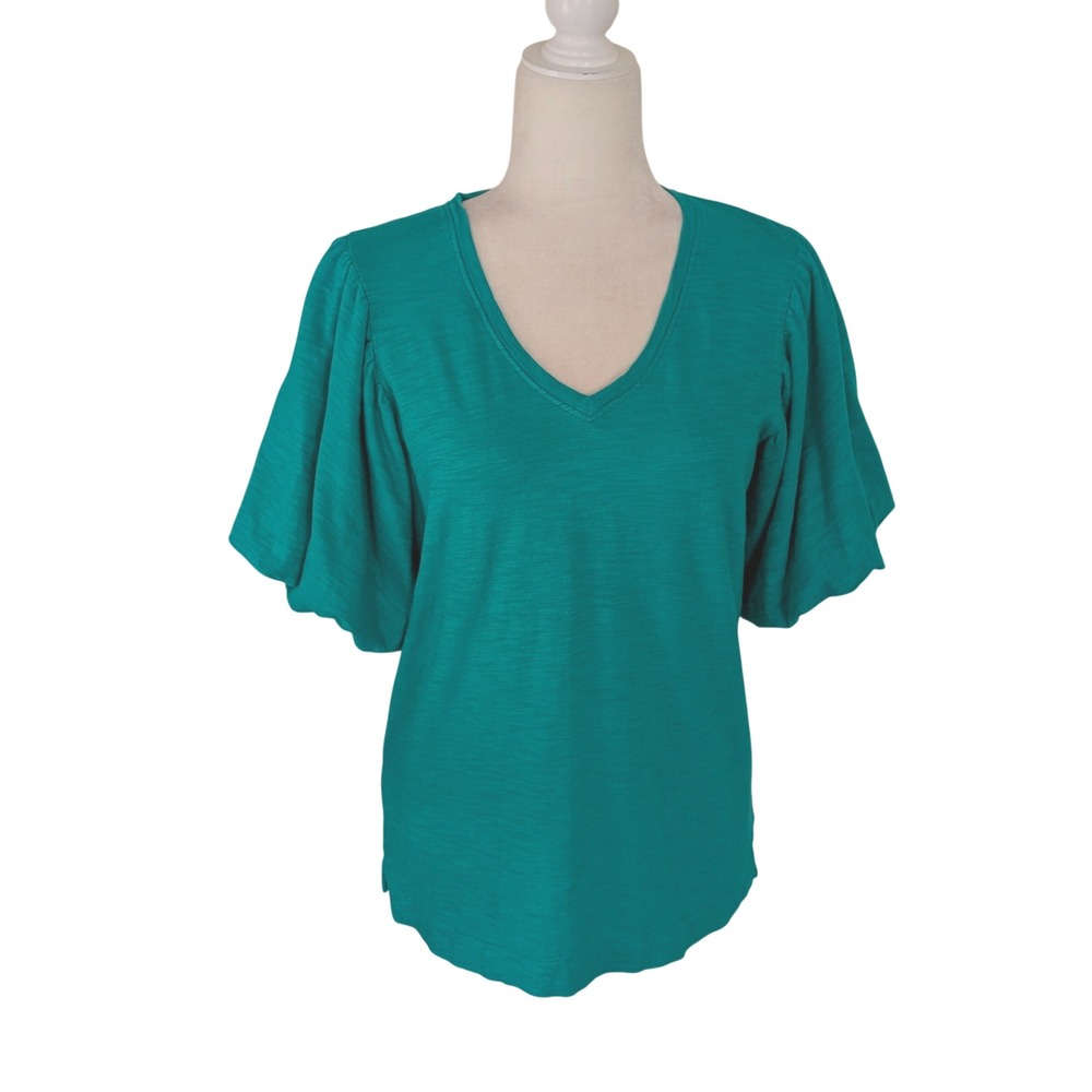 Chico's Kelly Green Puff Balloon Sleeve V-Neck Cotton Modal Top Size 1 M Cottage
